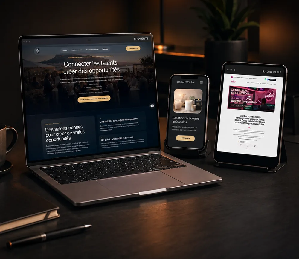 Trois exemples de sites web présentés dans des appareils