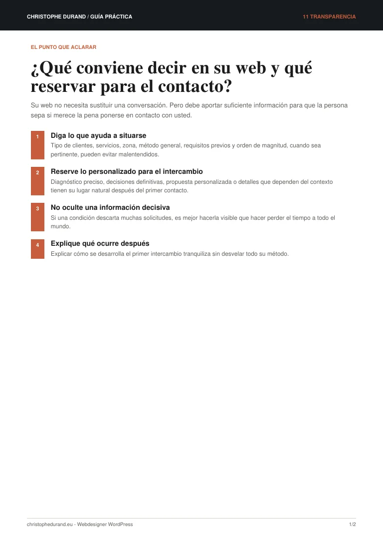 Vista previa de la guía ¿Qué conviene decir en su web y qué reservar para el contacto?